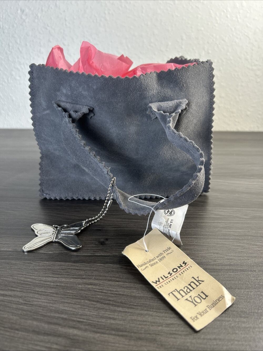 Vintage Wilsons Maxima Gray Suede Mini Handbag Butterfly Charm Purse NWT